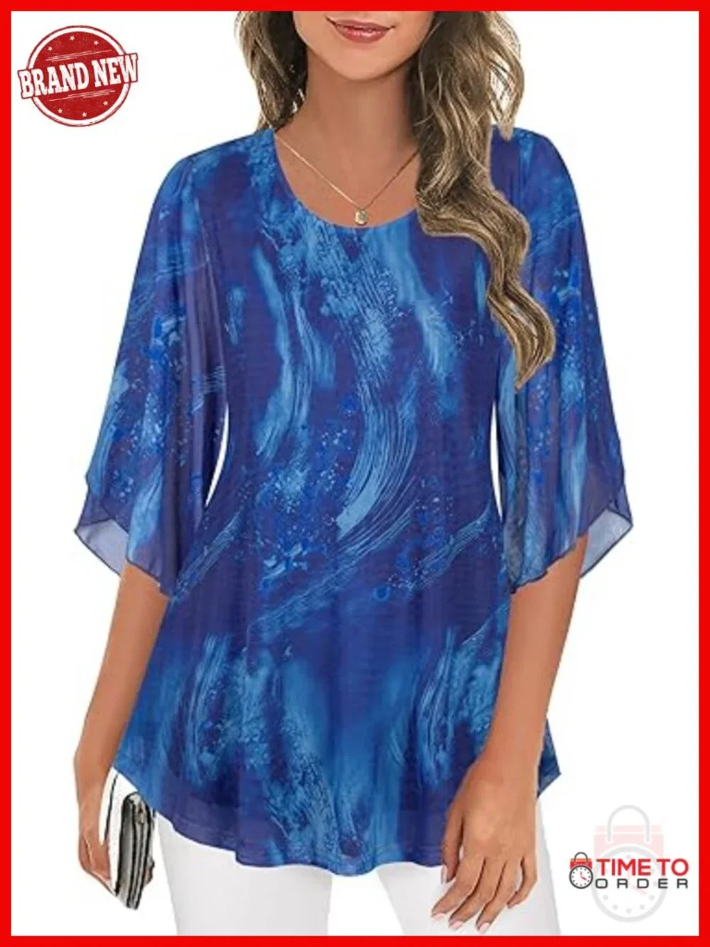 Double Layer Mesh Tunic Blouse 3/4 Sleeve Sheer Overlay Tops Dressy Casual